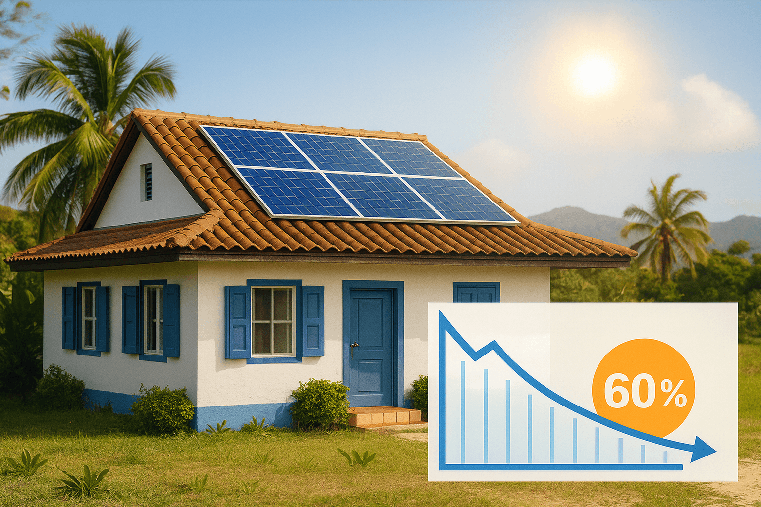 Maison avec panneaux solaires au soleil en Caraïbes